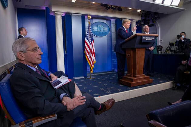 Anthony Fauci (L), Director of the National Institute of Allergy and Infectious Diseases, sits by as US President Donald J. Trump (2-R) and US Vice President Mike Pence (R) respond to members of the news media during a news conference with members of the Coronavirus Task Force; on the COVID-19 pandemic in the James S. Brady Press Briefing Room of the White House in Washington, DC, USA, 22 April 2020. Copyright: xMichaelxReynoldsx-xPoolxviaxCNPx MediaPunchx
