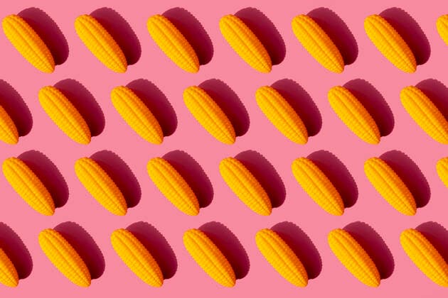 Pattern of yellow plastic corn cobs against pink background GEMF03522