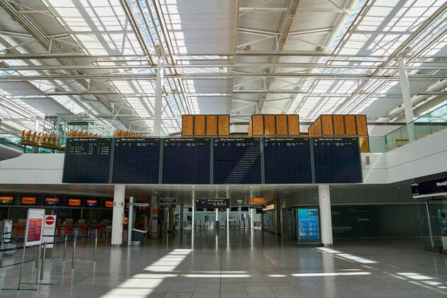 Freising, Germany, April 22, 2020. Munich International Airport Munich Franz Josef Strauss like swept empty due to the Corona virus disease (COVID-19) on April 22, 2020 in Freising, Germany.