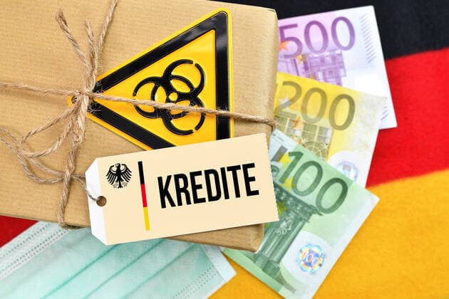 FOTOMONTAGE, Paket mit BiogefÃ¤hrdungszeichen auf Deutschlandfahne mit Etikett und der Aufschrift Kredite