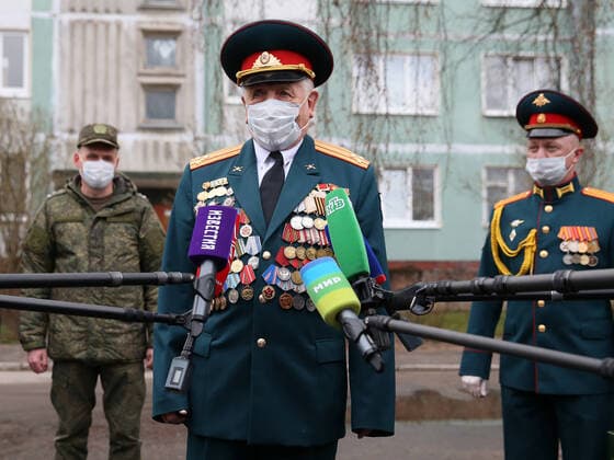 ST PETERSBURG, RUSSIA â€“ APRIL 30, 2020: Mikhail Polyachkov, a WWII veteran, during a private parade arranged for him as part of the Supporting Veterans initiative to mark the forthcoming Victory Day. This year, Russia is celebrating the 75th anniversary of the victory over Nazi Germany in the Great Patriotic War of 1941â€“1945 (the Eastern Front of World War II). Peter Kovalev Private parade for WWII veteran in St Petersburg