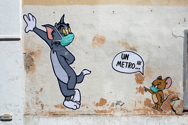 Mauro Pallotta, aka Maupal, created a new mural in Borgo Pio, a few meters from the Vatican and St. Peter s square. The work depicts the characters of the cartoon Tom & Jerry. Both Tom, the cat, and Jerry, the mouse, wear a mask. Jerry, who is usually chased by Tom, scolds the other and tells him to respect the safety distance, one meter (Alberto Lo Bianco Fotogramma, Rome - 2020-04-30) p.s. la foto e utilizzabile nel rispetto del contesto in cui e stata scattata, e senza intento diffamatorio del decoro delle persone rappresentate Copyright: xAlbertoxLoxBiancox xFOTOGRAMMAx