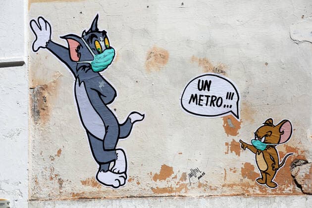 Mauro Pallotta, aka Maupal, created a new mural in Borgo Pio, a few meters from the Vatican and St. Peter s square. The work depicts the characters of the cartoon Tom & Jerry. Both Tom, the cat, and Jerry, the mouse, wear a mask. Jerry, who is usually chased by Tom, scolds the other and tells him to respect the safety distance, one meter (Alberto Lo Bianco Fotogramma, Rome - 2020-04-30) p.s. la foto e utilizzabile nel rispetto del contesto in cui e stata scattata, e senza intento diffamatorio del decoro delle persone rappresentate Copyright: xAlbertoxLoxBiancox xFOTOGRAMMAx