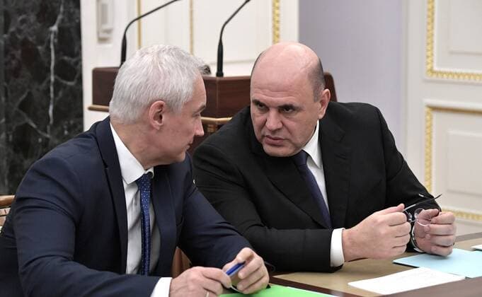 April 30, 2020. - Russia, Moscow. - Russian Prime Minister Mikhail Mishustin has announced that he contracted coronavirus. President Putin signed executive order to appoint First Deputy Prime Minister Andrey Belousov as acting PM while Mishustin recovers from coronavirus. In picture: Andrey Belousov and Mikhail Mishustin KremlinxPool