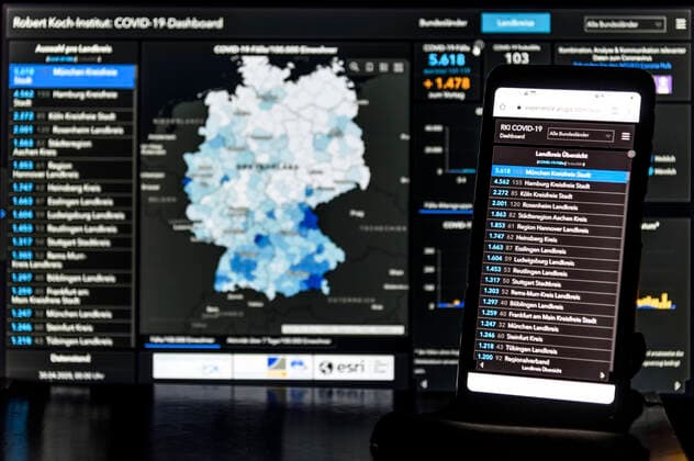 Gesamtzahlen COVID-19-Fälle in Deutschland per Landkreis am 30.04.2020 um 00.00 Uhr von RKI Dashboard - mit München Kreisfreie Stadt als Highlight