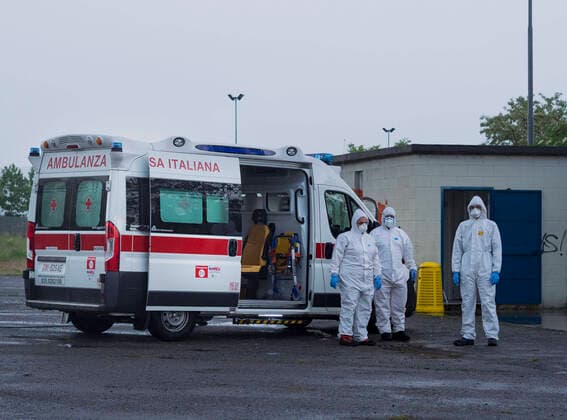 Covid-19 emergency, ambulance sanitation center Bergamo, Italy: 28 April 2020. Ambulance center sanitation covid 19 of Bergamo district, located in city of Dalmine, Lombardy, Italy Bergamo Italy Bergamo Italy Copyright: LucaxPonti