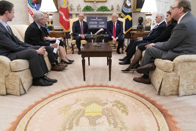 April 29, 2020, Washington, The District of Columbia, United States Of America: President Donald J. Trump, joined by Vice President Mike Pence and members of the White House Coronavirus Task Force, meets with Louisiana Governor John Bel Edwards Wednesday, April 29, 2020, in the Oval Office of the White House..People: President Donald Trump, John Bel Edwards Washington United States Of America - ZUMAs214 20200429_zaa_s214_008 Copyright: xSMGx