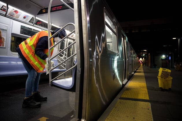 (200506) -- NEW YORK, May 6, 2020 (Xinhua) -- A worker disinfects a train at a subway station in the Brooklyn borough of New York City, the United States, May 6, 2020. Starting on May 6, New York City subways, which usually operate 24 7, were shut down every night from 1 a.m. to 5 a.m. to allow trains to be disinfected. (Photo by Michael Nagle Xinhua) U.S.-NEW YORK-SUBWAY-OVERNIGHT SERVICE-SUSPENSION-DISINFECTION 