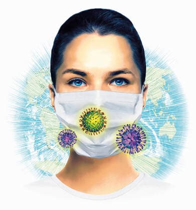 Frau mit Maske, Weltkarte und Virusorganismen Copyright: xThomasxKuhlenbeckx 12140065