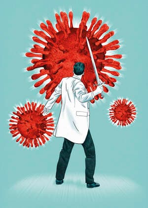 Creative Highlights Symbol Wissenschaftler bekämpft Coronavirus mit dem Schwert Copyright: xThomasxKuhlenbeckx 12140075