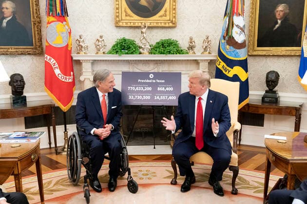 U.S President Trump Meets Texas Gov. Abbott May 7, 2020, Washington, DC, United States of America: U.S. President Donald Trump meets with Texas Gov. Greg Abbott in the Oval Office of the White House May 7, 2020 in Washington, DC. (Credit Image: Tia Dufour White House Planet Pix via ZUMA Wire) Washington The White House DC United States of America