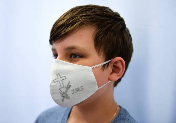 Wedding and First Communion face masks are made during the coronavirus outbreak in Poland Wedding and First Communion face masks are made during the coronavirus outbreak by Elus sewing workshop on May 12, 2020 in Jaroslaw, Poland. EN_01428317_0013 
