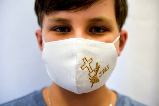 Wedding and First Communion face masks are made during the coronavirus outbreak in Poland Wedding and First Communion face masks are made during the coronavirus outbreak by Elus sewing workshop on May 12, 2020 in Jaroslaw, Poland. EN_01428317_0016 