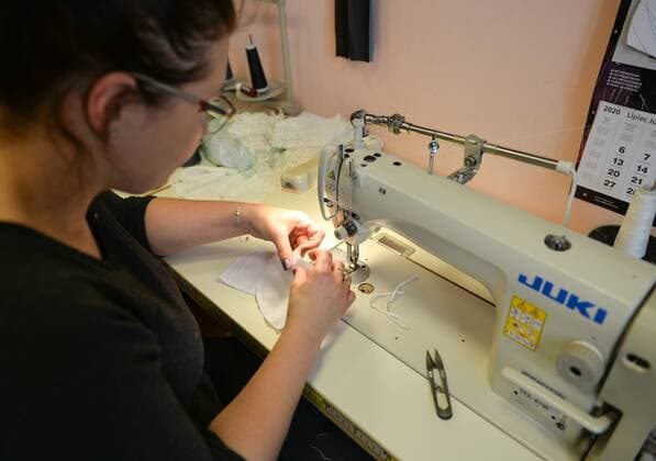 Wedding and First Communion face masks are made during the coronavirus outbreak in Poland Wedding and First Communion face masks are made during the coronavirus outbreak by Elus sewing workshop on May 12, 2020 in Jaroslaw, Poland. EN_01428317_0019 