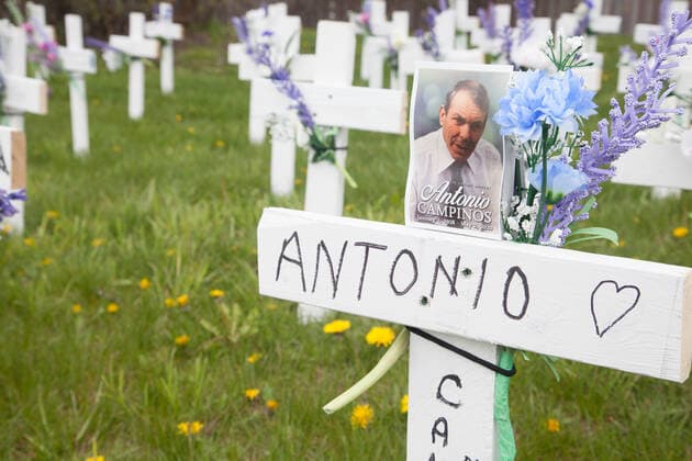 May 12, 2020, Toronto, Ontario, Canada: COVID-19 outbreaks in Long-Term Care facilities are one of the major concerns of the coronavirus pandemic in Canada. The Ministry of Long-Term Care of the province reports more than 1,200 deaths due to the virus inside Long-Term Care in Ontario. Long-Term care in houses in Canada have long been targeted for misconducts and unsatisfactory services, with underpaid temporary staff and public criticism from relatives and specialists. In the photo, 50 crosses are laid out in front of a Long-Term Care facility in the Grand Toronto Area to represent the number of deaths of COVID-19 in this one facility only. Relatives are now concerned about the health of individuals and staff inside. Canada has now surpassed the number of 5,000 deaths due to COVID-19. Toronto Canada - ZUMAd114 20200512_zap_d114_002 Copyright: xJohnnyxDexFrancox