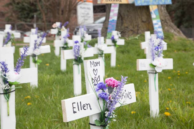 May 12, 2020, Toronto, Ontario, Canada: COVID-19 outbreaks in Long-Term Care facilities are one of the major concerns of the coronavirus pandemic in Canada. The Ministry of Long-Term Care of the province reports more than 1,200 deaths due to the virus inside Long-Term Care in Ontario. Long-Term care in houses in Canada have long been targeted for misconducts and unsatisfactory services, with underpaid temporary staff and public criticism from relatives and specialists. In the photo, 50 crosses are laid out in front of a Long-Term Care facility in the Grand Toronto Area to represent the number of deaths of COVID-19 in this one facility only. Relatives are now concerned about the health of individuals and staff inside. Canada has now surpassed the number of 5,000 deaths due to COVID-19. Toronto Canada - ZUMAd114 20200512_zap_d114_004 Copyright: xJohnnyxDexFrancox