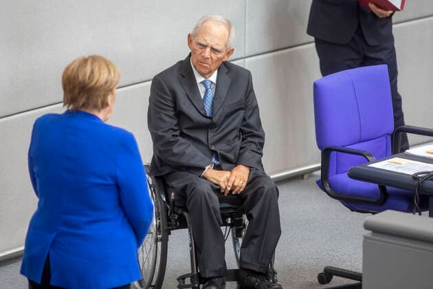Deutschland, Berlin, Bundestag, 159. Sitzung, Befragung der Bundesregierung, Bundeskanzlerin Angela Merkel CDU und Bundestagspräsident Wolfgang Schäuble CDU, 13.05.2020 *** Germany, Berlin, Bundestag, 159 Session, questioning of the Federal Government, Chancellor Angela Merkel CDU and President of the Bundestag Wolfgang Schäuble CDU, 13 05 2020