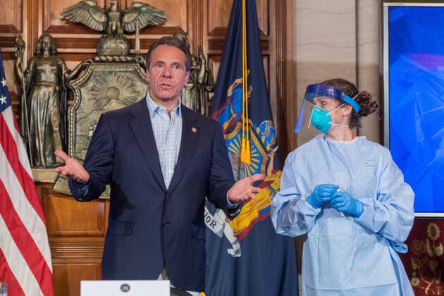 (200517) -- ALBANY (U.S.), May 17, 2020 -- New York State Governor Andrew Cuomo (L) demonstrates how to get a COVID-19 test during a daily COVID-19 press briefing in Albany of New York State, the United States, on May 17, 2020. Cuomo announced on Sunday that New York State has doubled testing capacity to reach 40,000 tests per day, encouraging eligible New Yorkers to get tested for COVID-19. ( Office of Governor Andrew M. Cuomo Handout via Xinhua) U.S.-ALBANY-NEW YORK STATE-CUOMO-COVID-19-TESTING CAPACITY-DOUBLING DarrenxMcGee 