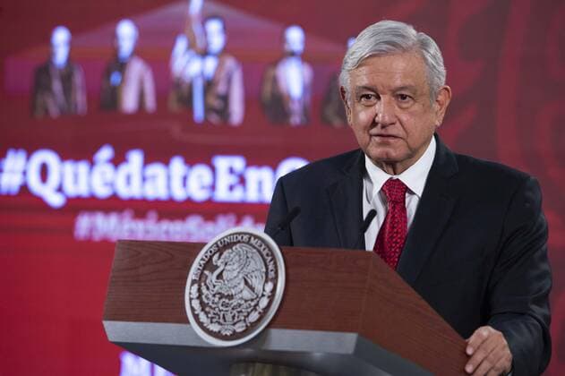 (200519) -- MEXICO CITY, May 19, 2020 (Xinhua) -- Mexican President Andres Manuel Lopez Obrador speaks during a press conference in Mexico City, Mexico, May 18, 2020. Andres Manuel Lopez Obrador on Monday estimated the country will be able to stop importing gasoline by 2023 after improving its own capacity to refine crude oil. (Str Xinhua) MEXICO-MEXICO CITY-GASOLINE-IMPORT 