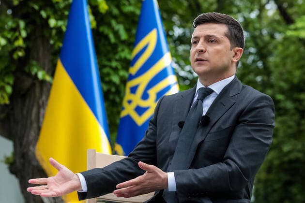 KIEV, UKRAINE - MAY 20, 2020: Ukraine s President Volodymyr Zelensky gives a press conference on his first year in office in a park by the Mariyinsky Palace. Zelensky was sworn in as Ukraine s President on May 20, 2019. Ivan Nikolayev TASS  TS0D9C84