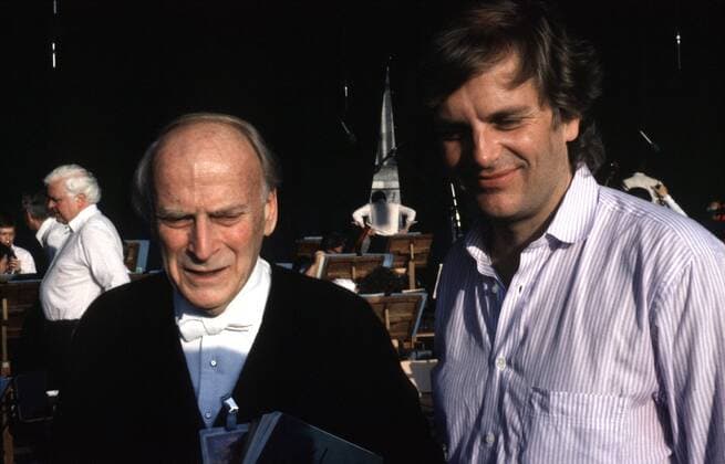 1 Konzertprobe 88: Sir Yehudi Menuhin u. Dr. Justus Frantz, Klassik, Dirigent, Pianist, Orchester, Musik, Open Air, Freilichtbühne, Musiker, *** 1 Concert rehearsal 88 Sir Yehudi Menuhin and Dr Justus Frantz, classical music, conductor, pianist, orchestra, music, open air, open air stage, musicians, Copyright: xBRIGANI-ART HEINRICHx 00014231_00014231