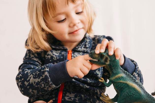 Smiling little girl playing with toy dinosaur model released Symbolfoto JRFF04410