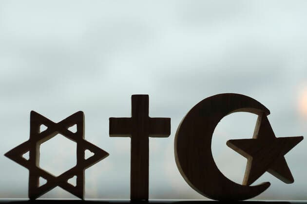 Christianity, Islam, Judaism, the three monotheistic religions in symbols of Jewish Star, Christian Cross and Islamic Crescent, France, Europe Copyright: Godong 809-7949