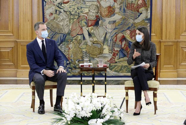 Bilder des Jahres 2020, Entertainment 05 Mai Entertainment Themen der Woche KW22 28-05-2020 Madrid King Felipe and Queen Letizia attends an audience with 8 young Spanish talents from research, technology, business, culture and social action have exposed in an open dialogue with the King and Queen how they believe that the COVID19 pandemic is affecting Spanish society and what their vision is of future at Zarzuela Palace in Madrid, Spain  Copyright: xPPEx