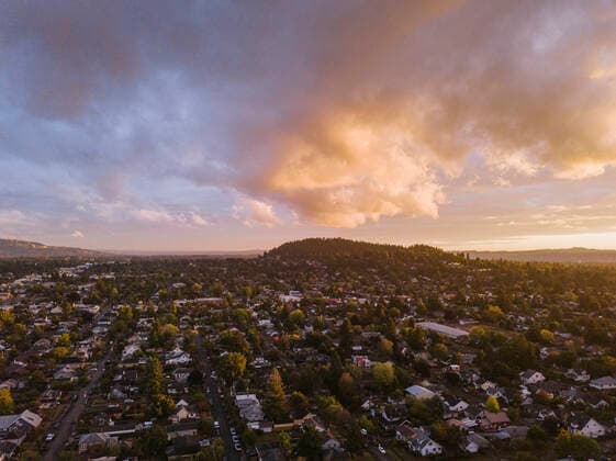 Aerial view of Portland. OR neighborhood at sunset United States, Oregon, Portland CR_ISKO200406C-258092-01