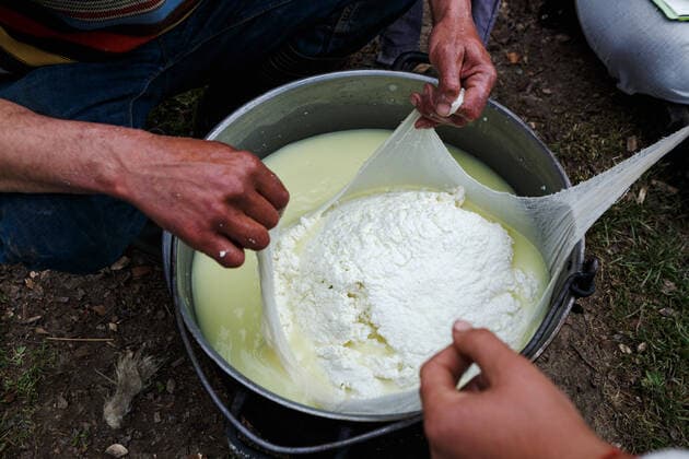 ZAKARPATIA REGION, UKRAINE - Wringing of the cottage cheese over a bowl of whey, Khust district, Zakarpattia Region, western Ukraine. Cheese making by shepherds of Zakarpattia Region  Copyright: xSerhiixHudakx