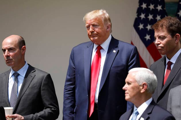 June 5, 2020, Washington, District of Columbia, USA: United States President Donald J. Trump leaves the podium after signing H.R. 7010 - PPP Flexibility Act of 2020 in the Rose Garden of the White House in Washington on June 5, 2020. From left to right: US Secretary of Labor Eugene Scalia; the president; US Vice President Mike Pence; and Tomas Philipson, Chairman of the Council of Economic Advisers Washington USA - ZUMAs152 20200605_zaa_s152_035 Copyright: xYurixGripasx