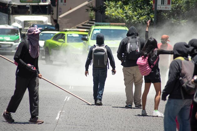 June 8, 2020, Xalapa, Veracruz, Mo xico: Hooded people and anarchists protest in the city of Xalapa in order to demand justice for the murder of Carlos Navarro, who lost his life within the state police separatives after being arrested. These protests join the international movement against police violence Xalapa MÃ xico - ZUMAqp1_ 20200608_zip_qp1_015 Copyright: xHectorxAdolfoxQuintanarxPerezx
