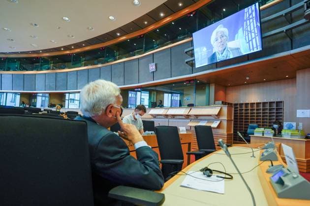 (200608) -- BRUSSELS, June 8, 2020 (Xinhua) -- European Central Bank (ECB) President Christine Lagarde (on screen) speaks during a hearing at the Committee on Economic and Monetary Affairs of the European Parliament via video conference in Brussels, Belgium, June 8, 2020. Christine Lagarde said Monday that the central bank s measures taken in response to the coronavirus crisis are proportionate to the severe risks facing its mandate. (European Union Handout via Xinhua) BELGIUM-BRUSSELS-EU-ECB-LAGARDE 
