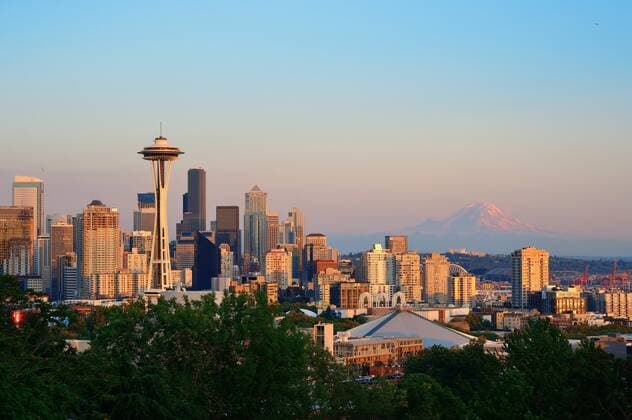 City scenery mt rainier Cityscape City life with City Centre Skyscraper with volcano Snow  268125032968880476