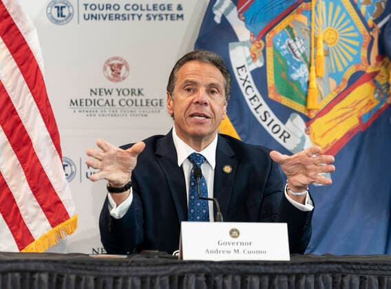 NYS Governor Cuomo daily media briefing Governor Andrew Cuomo makes an announcement and holds media briefing on day 101 of pandemic at New York Medical College. Governor briefed press on state numbers related to COVID-19 and spoke about civil unrest sparked by death of George Floyd in the hands of police. Valhalla New York United States Copyright: LevxRadin