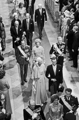 Bernadotte Staatsoberhäupter und Monarchen verlassen die Kirche nach der Trauung von König Carl XVI. Gustaf von Schweden mit Silvia Sommerlath in Stockholm, Schweden 1976. Heads of state and monarchs leaving the church after King Carl XVI Gustaf of Sweden married the German Silvia Sommerlath at Stockholm, Sweden 1976., Stockholm Stockholms län Schweden Copyright: HelmutxReiss UnitedArchives832000633 EDITORIAL USE ONLY