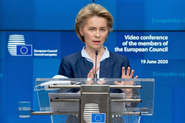 (200620) -- BRUSSELS, June 20, 2020 (Xinhua) -- European Commission President Ursula von der Leyen speaks at a press conference following a video conference of European leaders at the EU headquarters in Brussels, Belgium, June 19, 2020. European leaders met at a video conference on Friday, discussing an ambitious fund to help the European economies recover from the COVID-19 pandemic. But no consensus was reached. The heads of state and government of the European Union s member states hopefully will meet again physically in July to address their differences, President of the European Council Charles Michel told media following the video conference. (European Union Handout via Xinhua) BELGIUM-BRUSSELS-EU-COVID-19-VIDEO CONFERENCE 