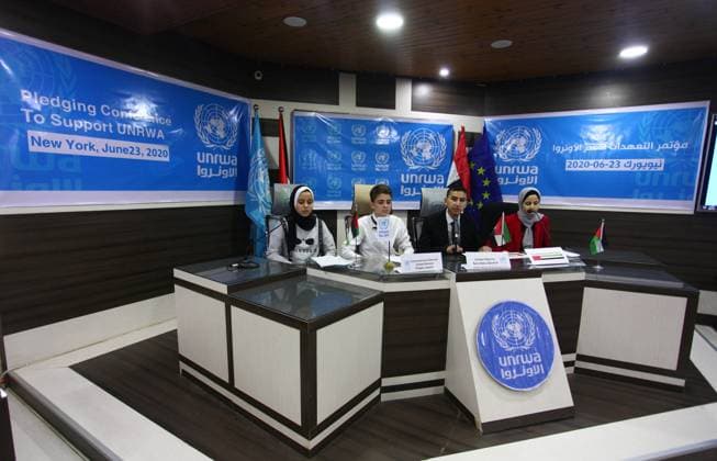 Gaza, Kinder-Konferenz im Rahmen des Hilfswerks der Vereinten Nationen für Palästina&8209Flüchtlinge June 21, 2020, Gaza City, Gaza Strip, Palestinian Territory: Palestinian children take part in the simulation of the Pledges Conference to support UNRWA, in Gaza City on June 21, 2020 Gaza City Palestinian Territory - ZUMAap3_ 20200621_zaf_ap3_119 Copyright: xMahmoudxAjjourx