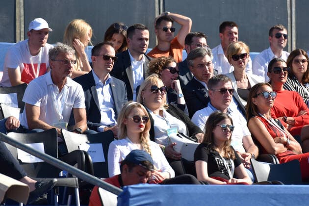Croatian PM refuses to self-isolate after encounter with Djokovic 20.06.2020., Zadar, Croatia - Croatian prime minister Andrej Plenkovic visited tennis tournament Adria tour and watched tennis match Novak Djokovic vs Pedja Krstin. Croatian PM Andrej Plenkovic sitting next to minister of culture Nina Obuljen Korzinek. DinoxStanin PIXSELL
