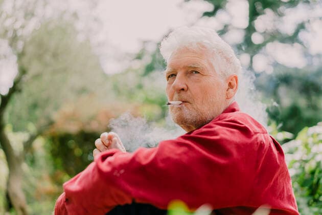 Retired senior man smoking marijuana while sitting at orchard model released Symbolfoto AFVF06231
