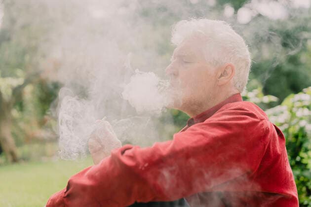 Senior man sitting amidst smoke at orchard model released Symbolfoto AFVF06232
