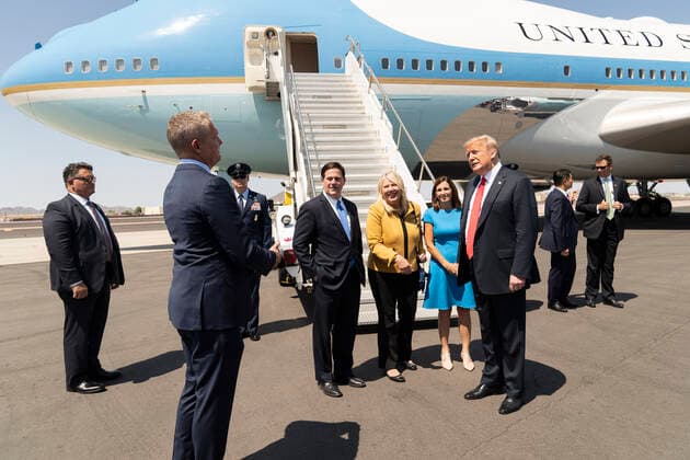 June 23, 2020 - Yuma, Arizona - President Donald J. Trump joined by Arizona Governor Doug Ducey; Senator Martha McSally, R-AZ, and Rep. Debbie Lesko, R- AZ, is met by Clint Hickman Vice Chairman of Arizona s 4th District on the Maricopa County Board of Supervisors upon the President s arrival Tuesday June 23, 2020, at Phoenix Sky Harbor International Airport in Phoenix. Yuma USA - ZUMAz03_ 20200623_sha_z03_413 Copyright: xWhitexHousex