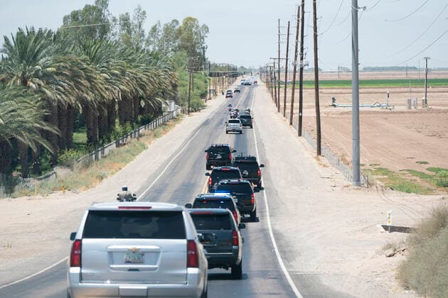 June 23, 2020 - Yuma, Arizona - President Donald J. Trump motorcade is seen arriving Tuesday, June 23, 2020, to commemorate the 200th mile of new border wall along the U.S.-Mexico border near Yuma. Yuma USA - ZUMAz03_ 20200623_sha_z03_409 Copyright: xWhitexHousex