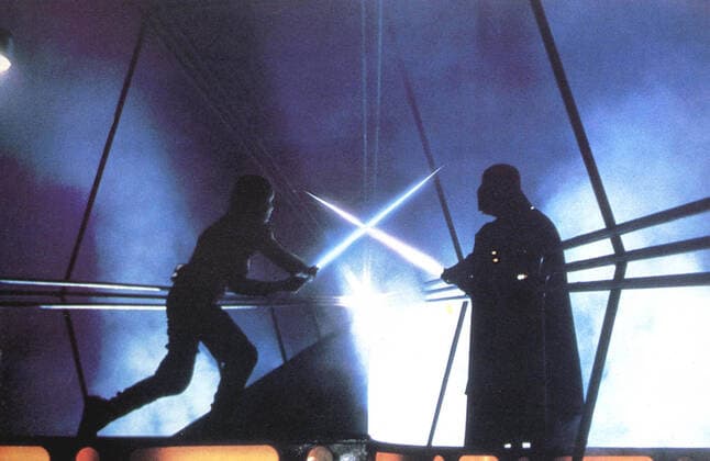 STAR WARS: EPISODE V - THE EMPIRE STRIKES BACK STAR WARS: EPISODE V - THE EMPIRE STRIKES BACK MARK HAMILL as Luke Skywalker, Darth Vader acted by Dave Prose and voiced by James Earl Jones STAR WARS: EPISODE V - THE EMPIRE STRIKES BACK Date: 1980. Strictly editorial use only in conjunction with the promotion of the film. Credit line mandatory. This image is copyright of the film company and is supplied under the terms of issue as film still. No commercial or book cover use permitted without prior consent from the film company.  Mandatory credit line: Image courtesy LUCASFILM Ronald Grant Archive Mary Evans