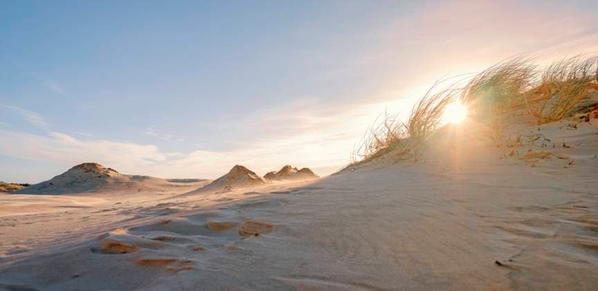 Poland, Pomerania, Leba, Sand dune at Slowinski National Park at sunset HAMF00613