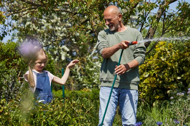 Happy grandfather and granddaughter watering flowers in allotment garden model released Symbolfoto property released MCF00906