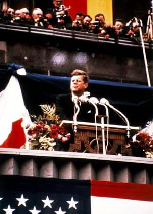 June 26, 1963 - Berlin, Germany - U.S. President JOHN F. KENNEDY in front of Berlin Schoeneberg town hall, where he uttered the message of hope for West Berliners who lived in an enclave deep inside East Germany and feared a possible East German occupation. The speech is known for its famous phrase Ich bin ein Berliner and is considered one of Kennedy s best, a notable part of Cold War. Berlin Germany - ZUMAk09_ 19630626_jes_k09_789 Copyright: xKEYSTONExPicturesx