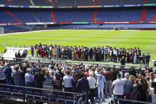 Students receive their diploma in Feyenoord football stadium De Kuip in Rotterdam, The Netherlands, 07 July 2020. Due to the measures surrounding the coronavirus, the graduation ceremony of Het Lyceum Rotterdam takes place in an appropriate manner. ANP PIETER STAM DE JONGE Copyright: xHollandsexHoogtex xxANPx x416831358x