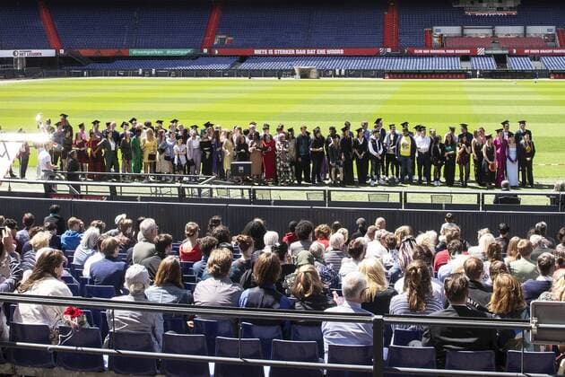Students receive their diploma in Feyenoord football stadium De Kuip in Rotterdam, The Netherlands, 07 July 2020. Due to the measures surrounding the coronavirus, the graduation ceremony of Het Lyceum Rotterdam takes place in an appropriate manner. ANP PIETER STAM DE JONGE Copyright: xHollandsexHoogtex xxANPx x416831392x