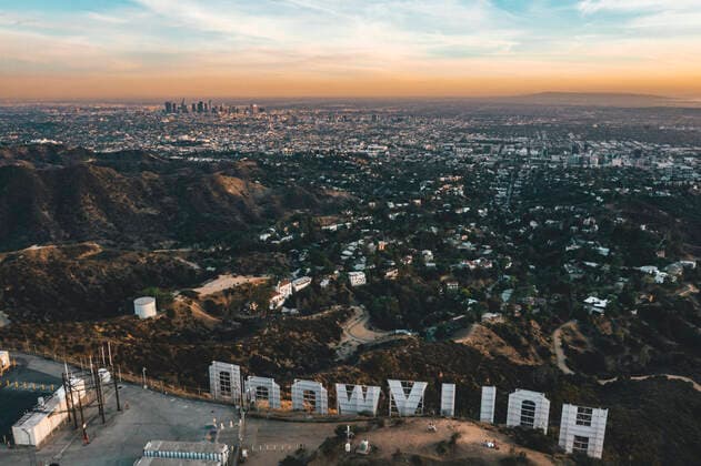Circa November 2019: Spectacular view over Hollywood Sign looking over Los Angeles, California in Sunset light United States, California, Los Angeles CR_TWNGSV200702A-437634-01 EDITORIAL USE ONLY